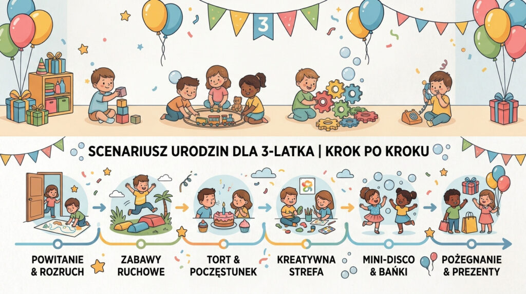 Infografika przedstawiająca harmonogram i scenariusz urodzin dla 3-latka krok po kroku